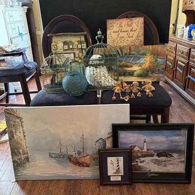 Framed Lighthouse Prints, Nautical Harbor Painting, Birdcages & Home Decor
