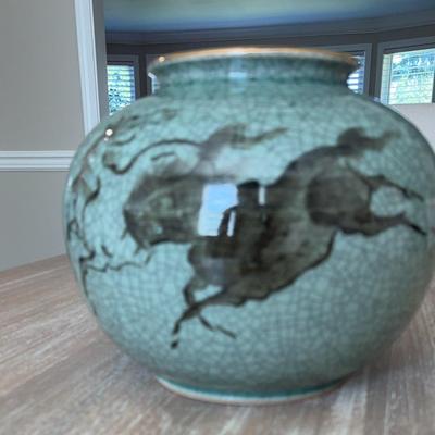 Mid-Century Japanese Pottery Vase – Green Crackle Finish 1950-1970s