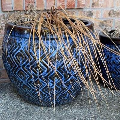 Blue Geometric Pattern Ceramic Planters 