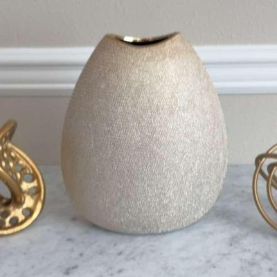 “Modern Gold-Tone Decorative Orbs & Textured Vase Trio”
