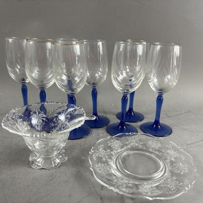 Sale Photo Thumbnail #73: 77 – Libbey Blue Glass Water Goblets & More
