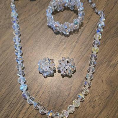 Aurora Borealis glass bead necklace, bracelet, earring set