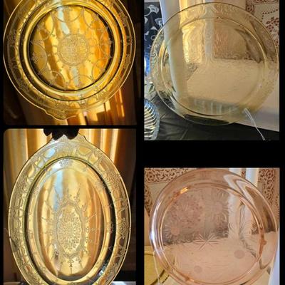 Pink, green & amber Depression era glass. 
Uranium glass
