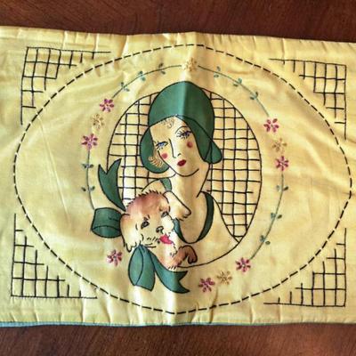 Sale Photo Thumbnail #45: Embrodiered Art Deco Pillow Case
Flapper lady & dog