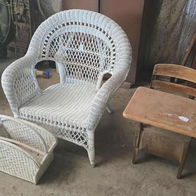 Wicker chair & magazine rack.
Old child's school desk/chair