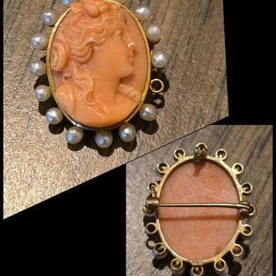 14k gold Cameo pin w/ seed pearls. 
As-is