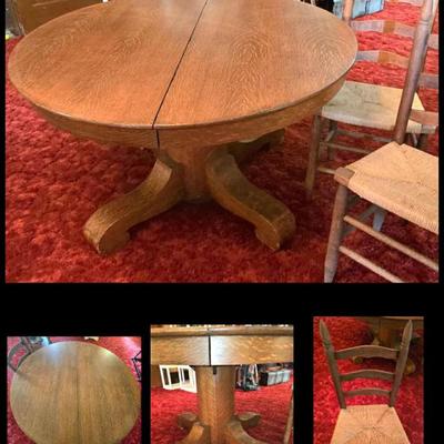 Antigue Mission Arts & Crafts dining table w/ 4 woven chairs.