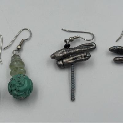 Fresh Water Pearl Dragonfly Earrings And Carved Turquoise Dangles 
