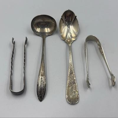 Two Sterling Serving Spoons And Sterling Condiment Tongs
