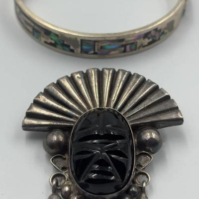Mexican Sterling Onyx Brooch and Shell Bracelet