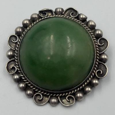 Vintage Large Green Gemstone Set In Mexican Silver 