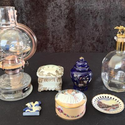 Shirley Temple Music Box, Anheuser-Busch Plate, Golden Globe Hurricane Lamp Milk Glass Trinket Box