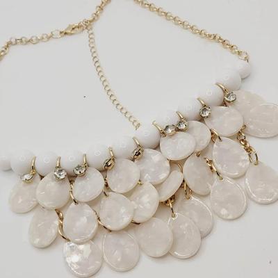 Rhinestone and Lucite Scale Bib Statement Necklace Gold Tone and White 