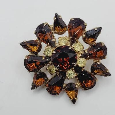 Amber Glass and Golden Rhinestone Burst Pin