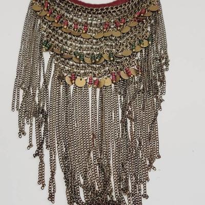 Beaded Chain Bib Necklace Green Burgundy Brass Tone 
