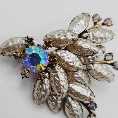 Aurora Borealis Rhinestone and Faux Pearl Abstract Pin Brooch