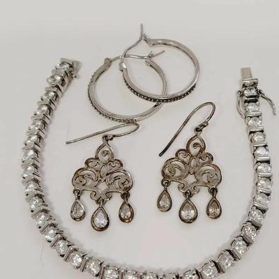 925 CZ Earrings and Bracelet Lot 3pc