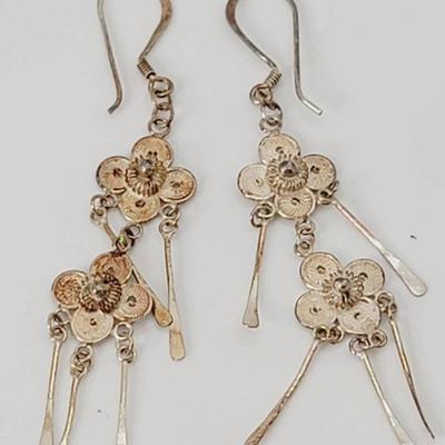 Sterling Filigree Floral Dangle Earrings 925 Silver Vintage Beautiful 