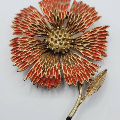 Ornate Orange Flower Brooch Pin JJ Vintage