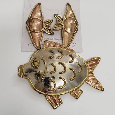 Artsy Copper Brass Silver Tone Fish Earrings and Pin