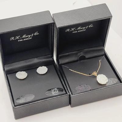 10k Yellow Gold Carved Mother of Pearl Rose Earrings and Necklace 