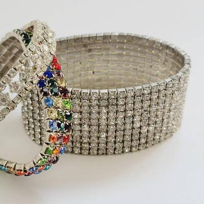 3 pc Rhinestone Stretch Bracelet Lot - Rainbow and Clear