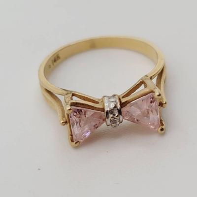 14k Trillion Pink CZ and Diamond Bow Ring Sz 5.5