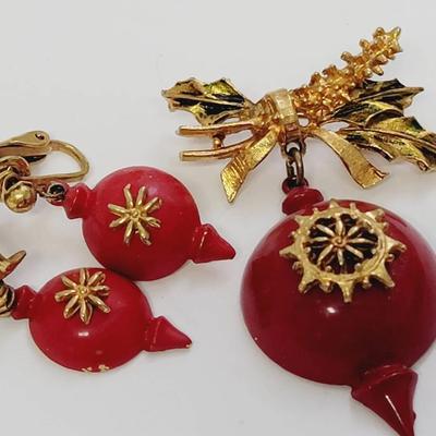 ART Christmas Ornament Themed Pin and Earrings Lot