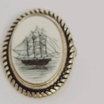 Nautical Scrollwork Style Gold Tone Tall Ship Pin Pendant