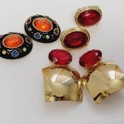 3 Pairs Vibrant Clip and Pierced Earrings Red & Orange 