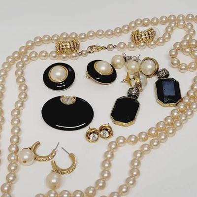 Faux Pearl Enamel and Rhinestone Classic Glam Jewelry Lot