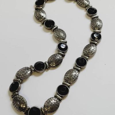 Heavy Silver Tone Faceted Black Bead Collar Necklace 