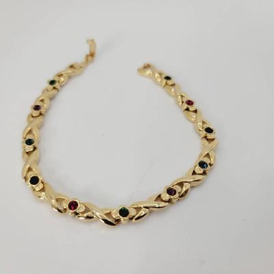 Colorful Crystal Gold Tone Tennis Bracelet Floral and X Link
