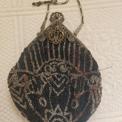 Steel Cut and Black Glass Beadwork Purse with Filigree Handle and Frame