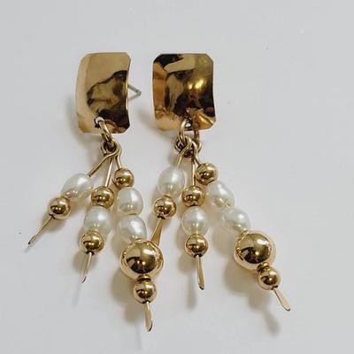 Real Pearl Gold Plate Dangle Earrings Vintage 