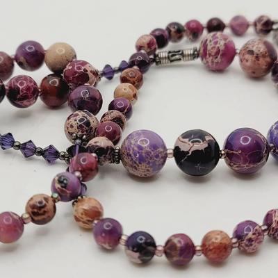 Purple Swirled Stone and Sterling Bead Necklace and Bracelet Set