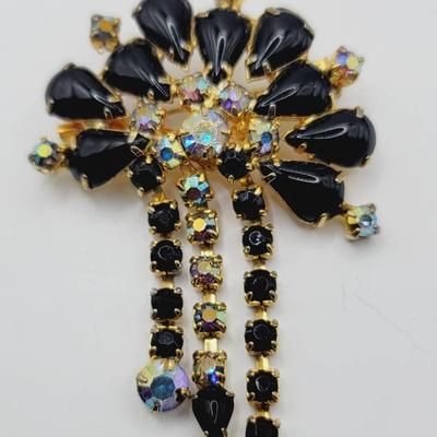 Aurora Borealis and Black Rhinestone Fan and Tassel Pin