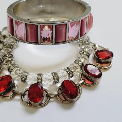 Red Pink and Clear Faceted Bead Bracelets Silver Plate and Tone