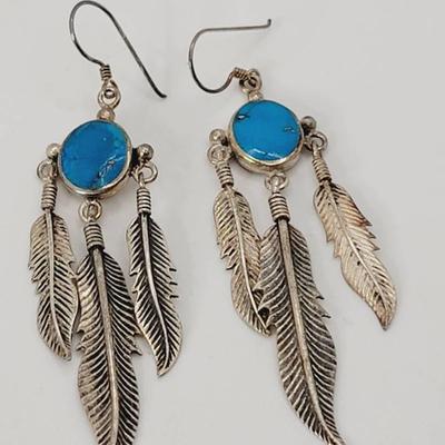 Sterling Turquoise Earrings with Feather Detail Southwest Style 925 Silver