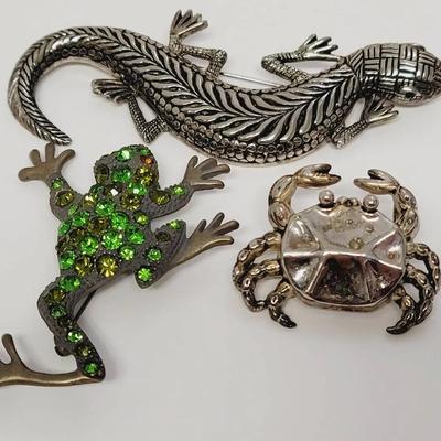 3 pc Animal Pins - Frog Lizard and Crab - Green and Silver Tone
