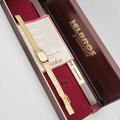 Helbros Gold Tone Quartz Ladies Watch In Box 