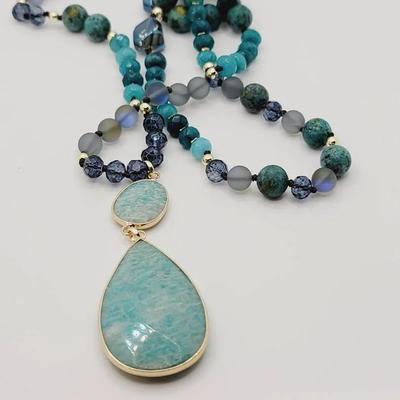 Amazonite Pendant and Mermaid Glass Beaded Necklace 