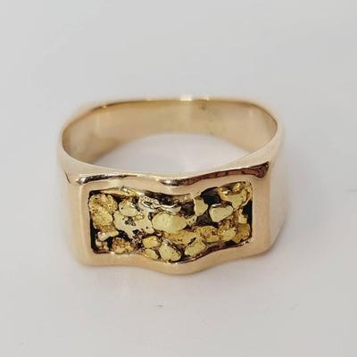 14k Textured Gold Nugget Inset Ring Sz 10
