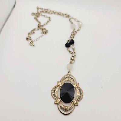 Modern Gothic Black and Gold Tone Long Necklace 