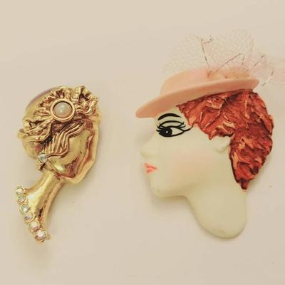 2 Pc Woman's Head Vintage Pins 