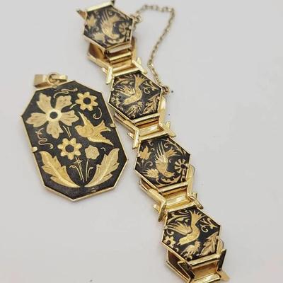 Black and Gold Tone Damascene Bracelet and Pendant 