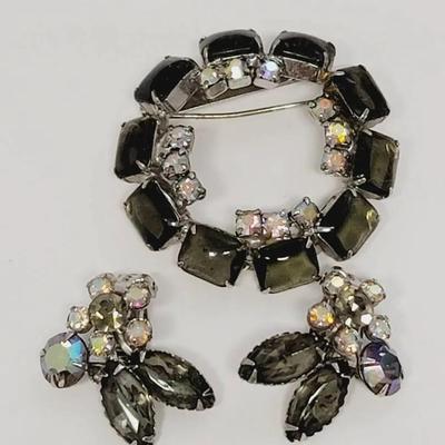 Smokey and Aurora Borealis Rhinestone Pin and Earrings Marked Beau