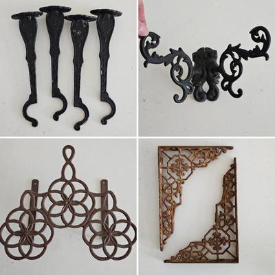 Lot #86 - Emig Cast Iron Trivet, Plus Decorative Metal Hooks & Shelf Brackets
