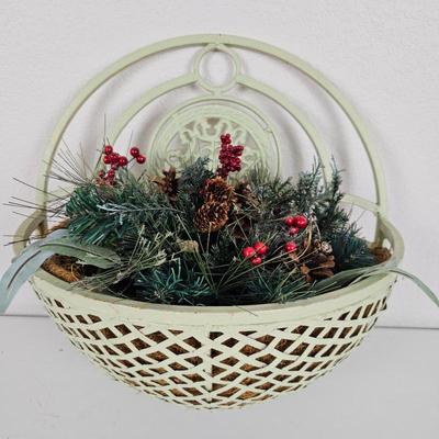 Lot #122 - Metal Wall Planter Basket With Faux Christmas Foliage