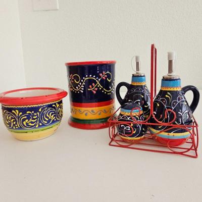 Lot #81 - Spanish Hand Painted Bowl, Utensil Crock, & Del Rio Salad Set (Oil & Vinegar, Salt & Pepper)